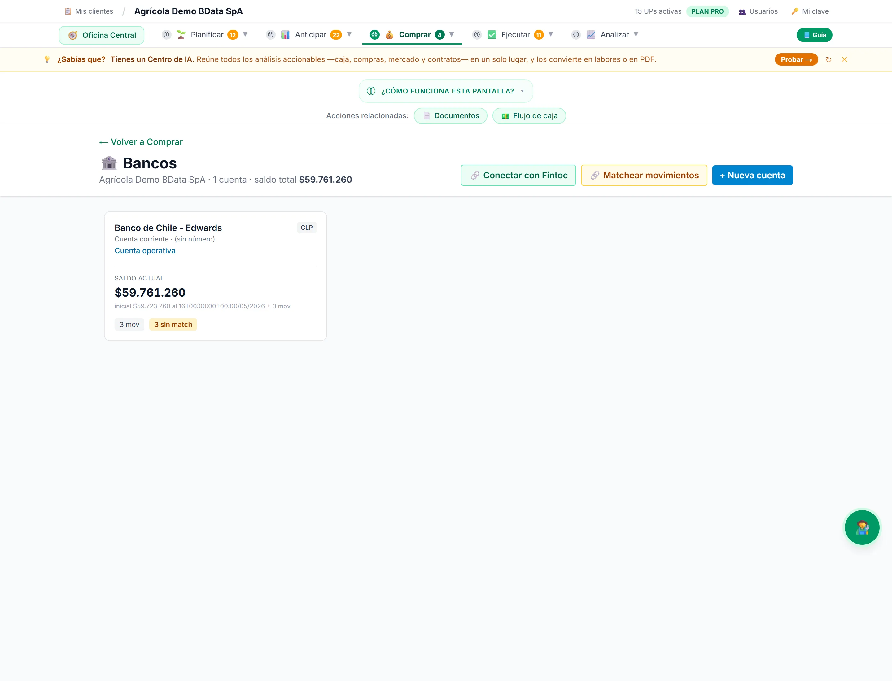 Pantalla real de Bancos (Fintoc) + conciliación en la plataforma