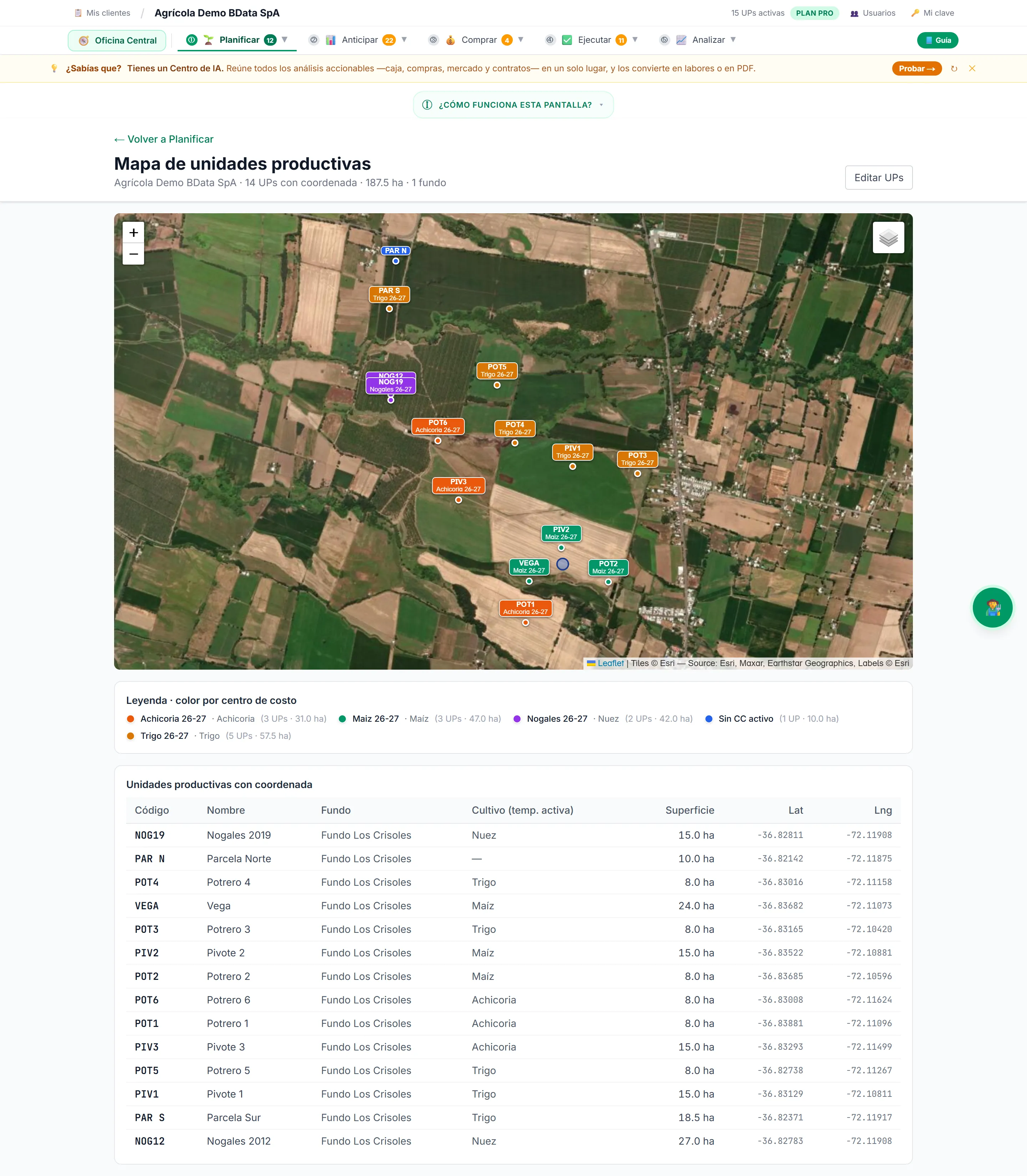 Pantalla real de Unidades productivas + Mapa en la plataforma