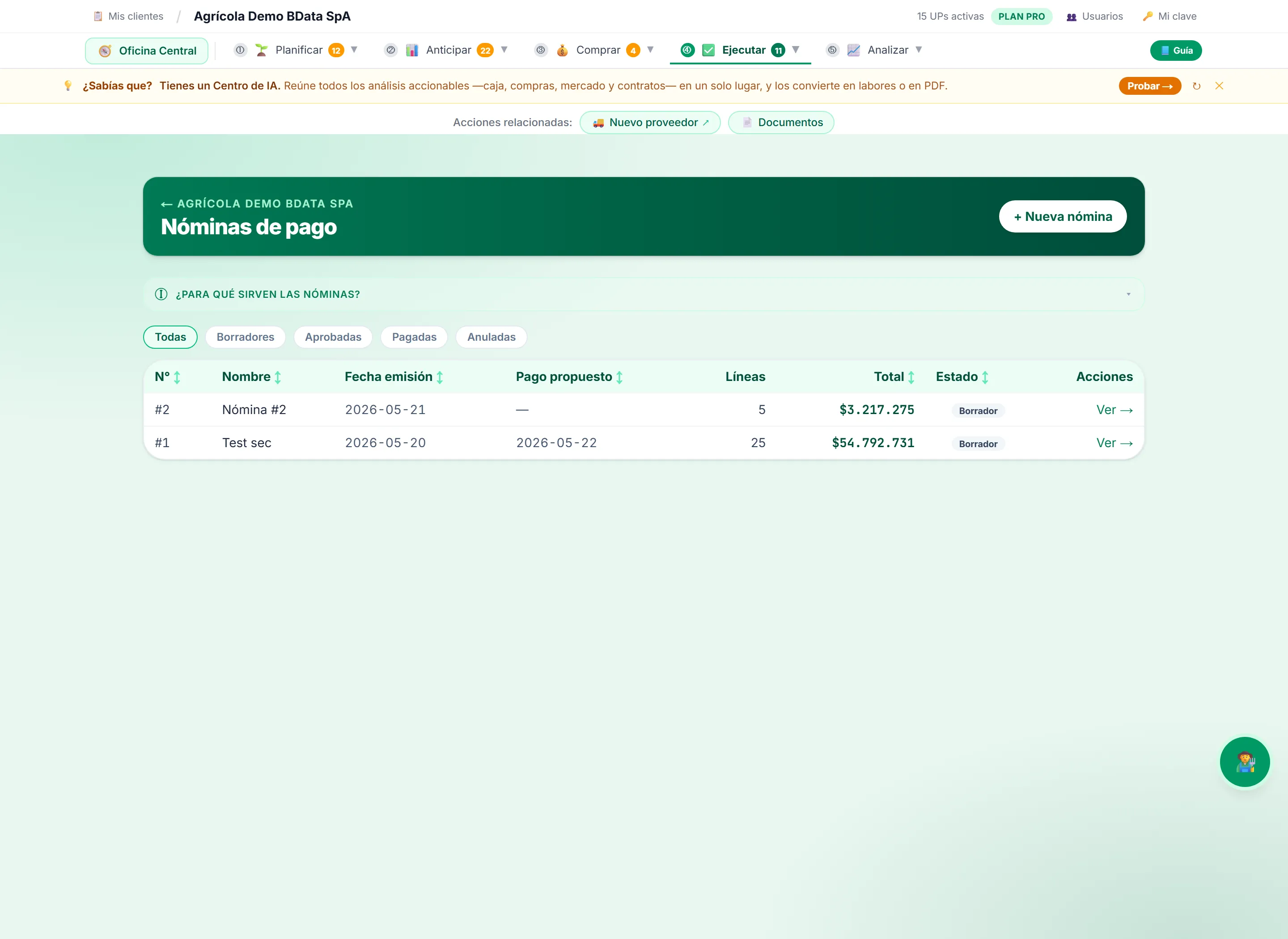 Pantalla real de Nóminas de pago en la plataforma