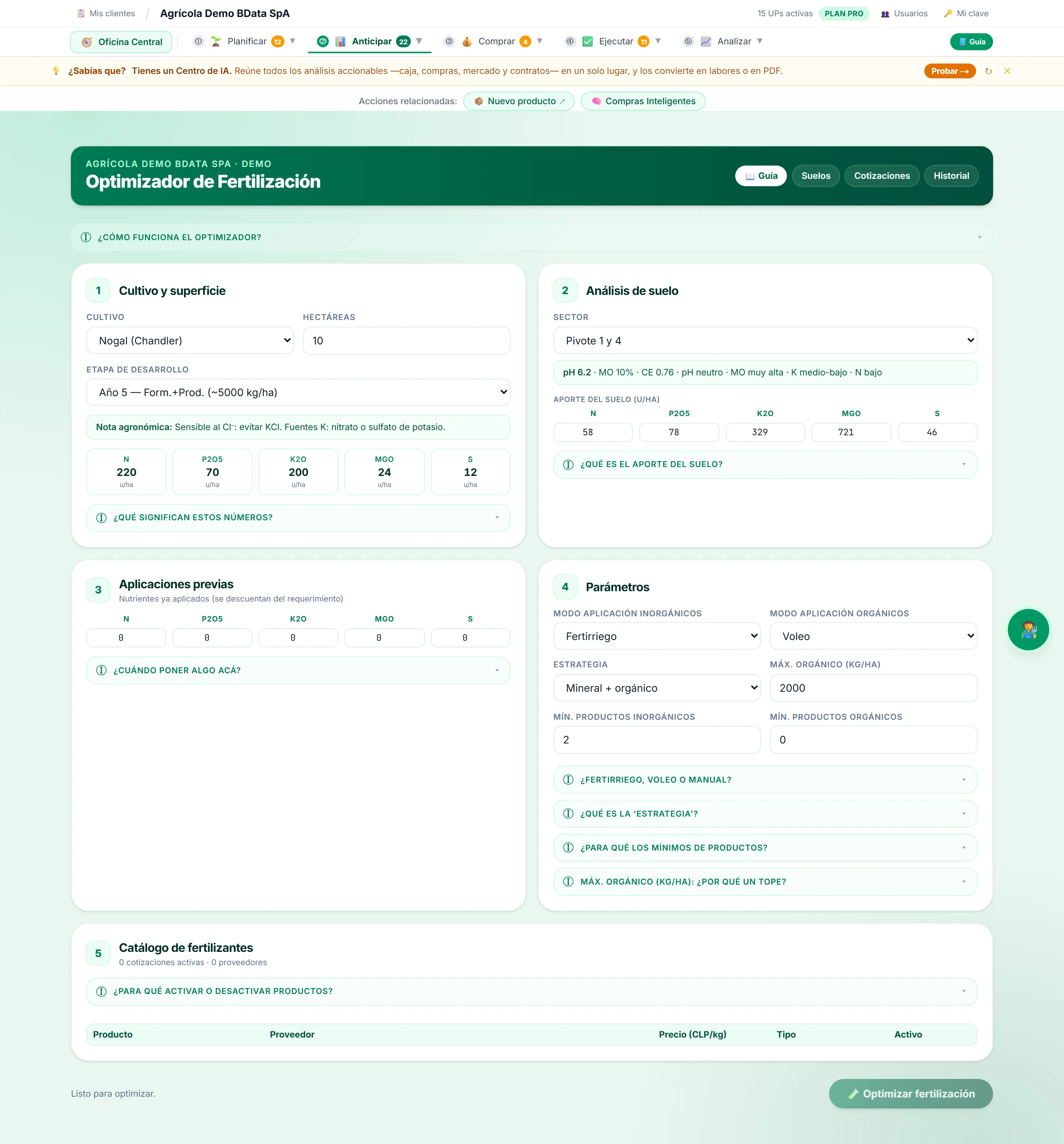 Pantalla real de Optimizador de fertilización en la plataforma