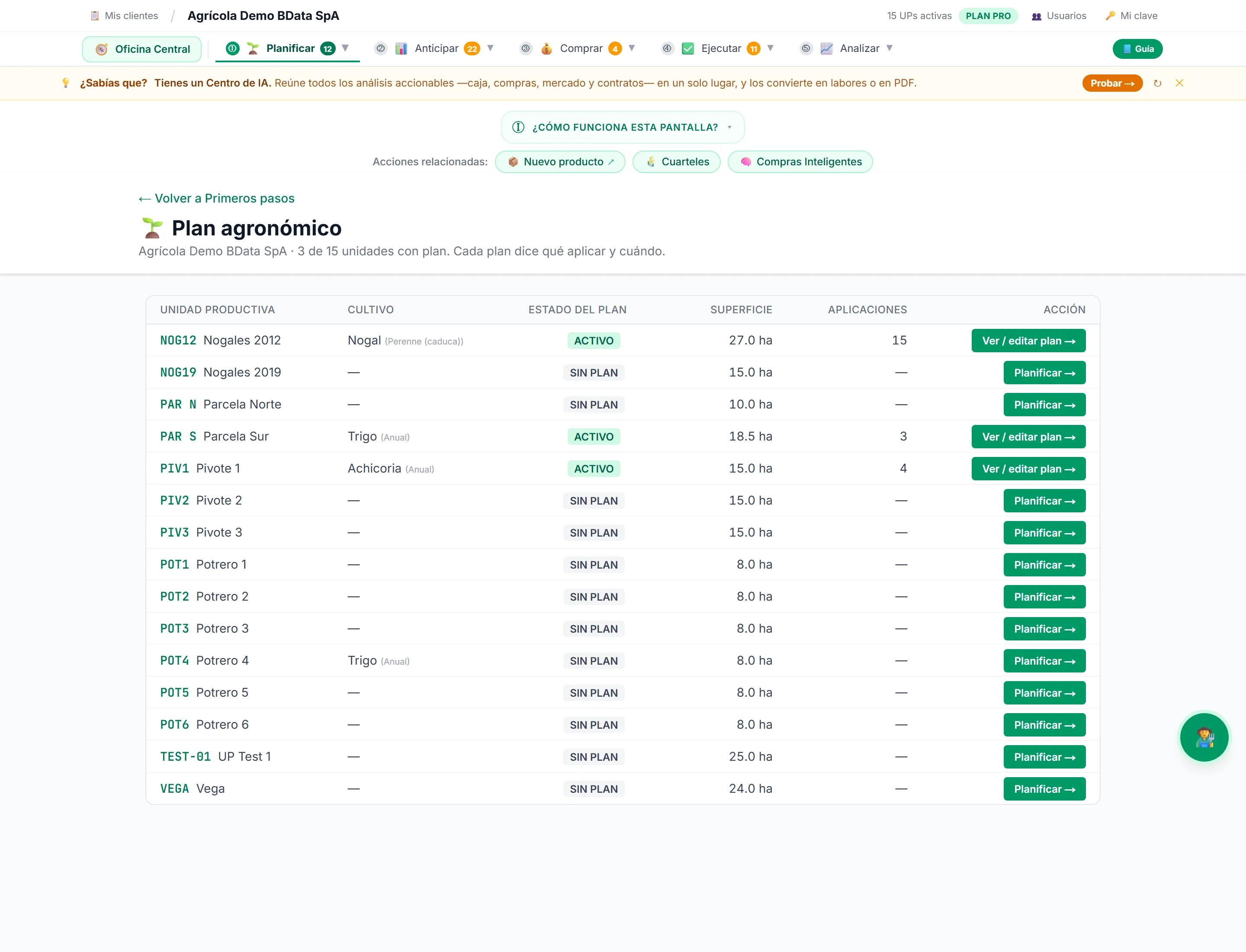 Pantalla real de Plan agronómico en la plataforma